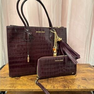 Michael Kors Dark Red Croc-Embossed Tote and Wallet